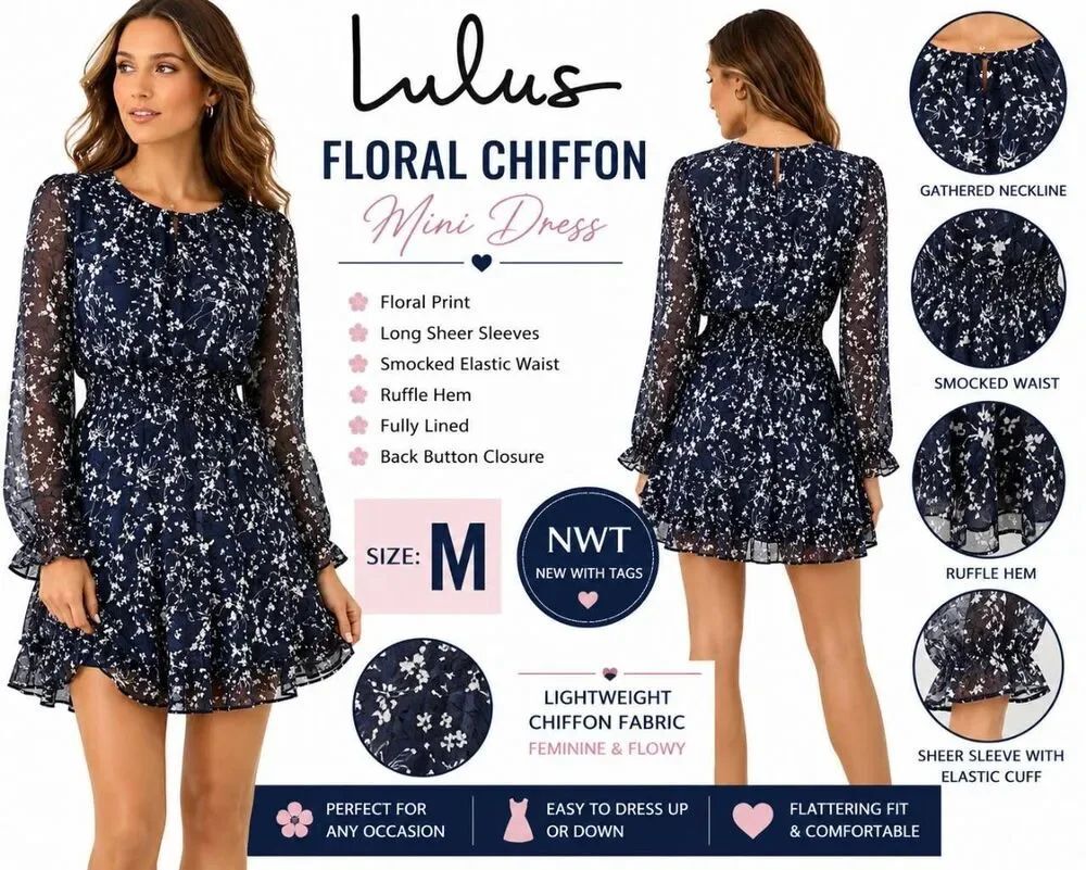 Lulus Too Cute Navy Floral Chiffon Mini Dress Long Sleeve Women's M NWT